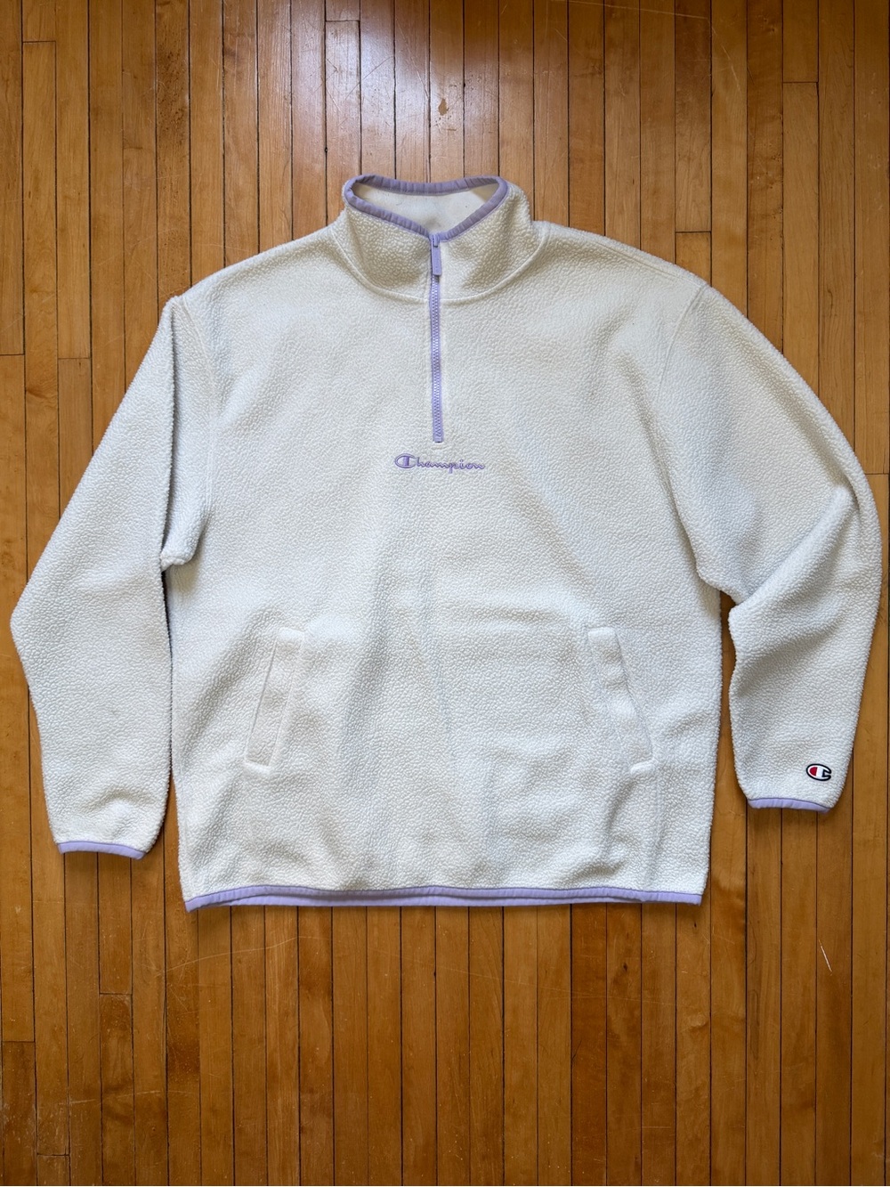 Champion Cream Sherpa Quarter-Zip Pullover with Lavender Trim Women’s Sz. L